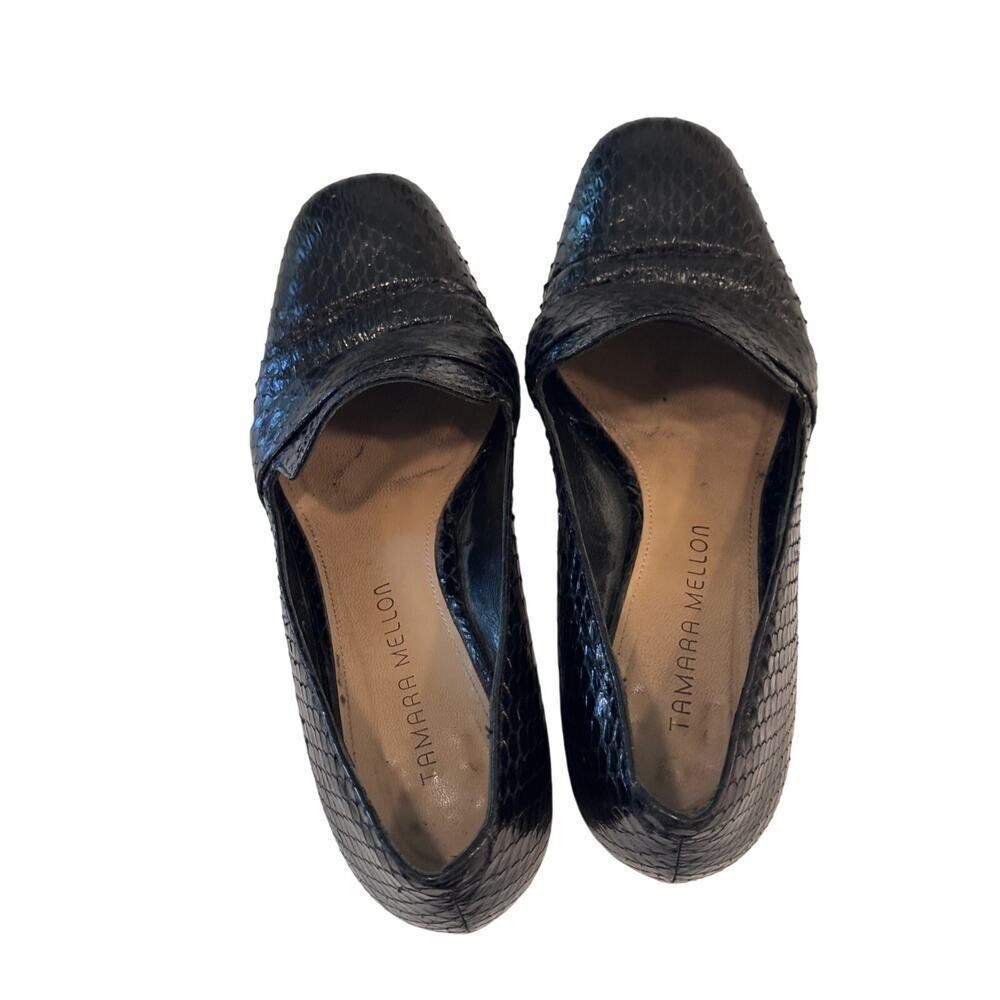 Tamara Mellon Black Embossed Leather Block Heel Loafers Size 36 Made in Italy - Picture 5 of 9